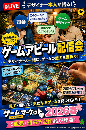 ゲームマーケット2026春で買えるゲームをライブ配信で紹介してもらう『ゲームアピール配信会』を開催します