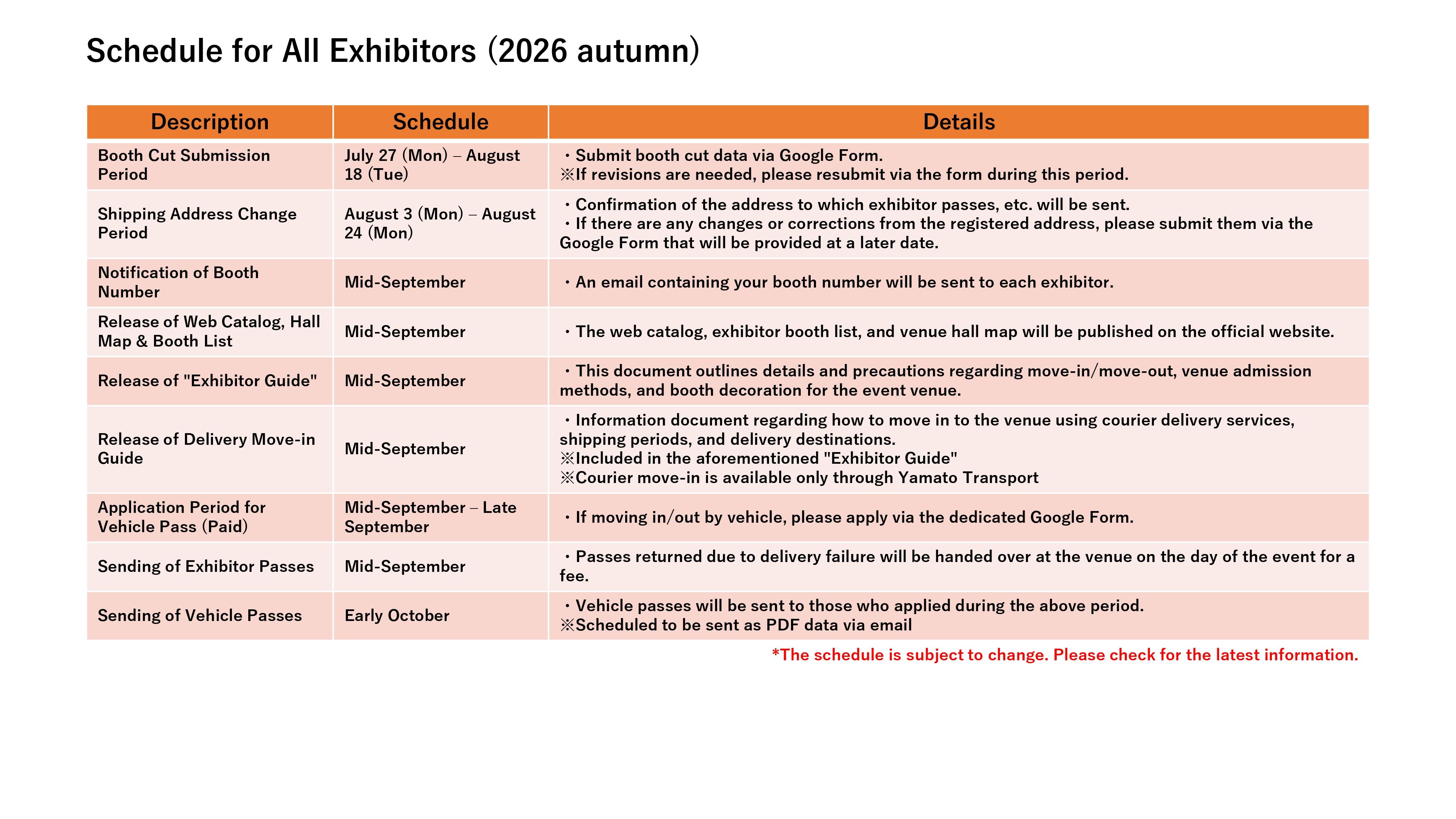 Exhibitor Schedule 2026 Autumn