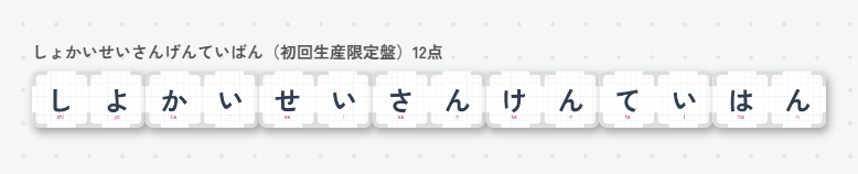 7枚のカードを横一列に並べて作った「初回生産限定盤」。14文字で12点になる組み合わせ