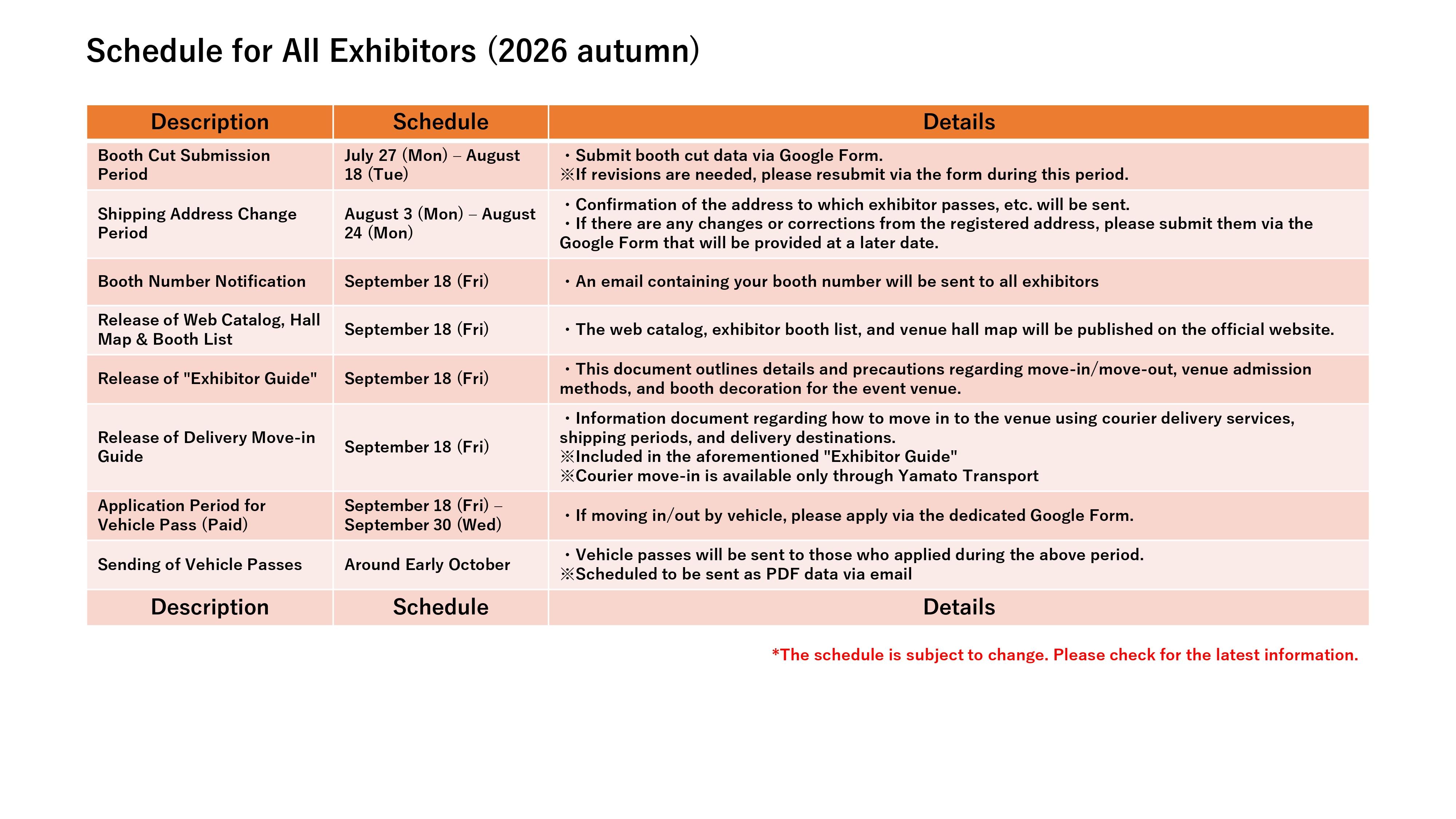Exhibitor Schedule 2026 Autumn