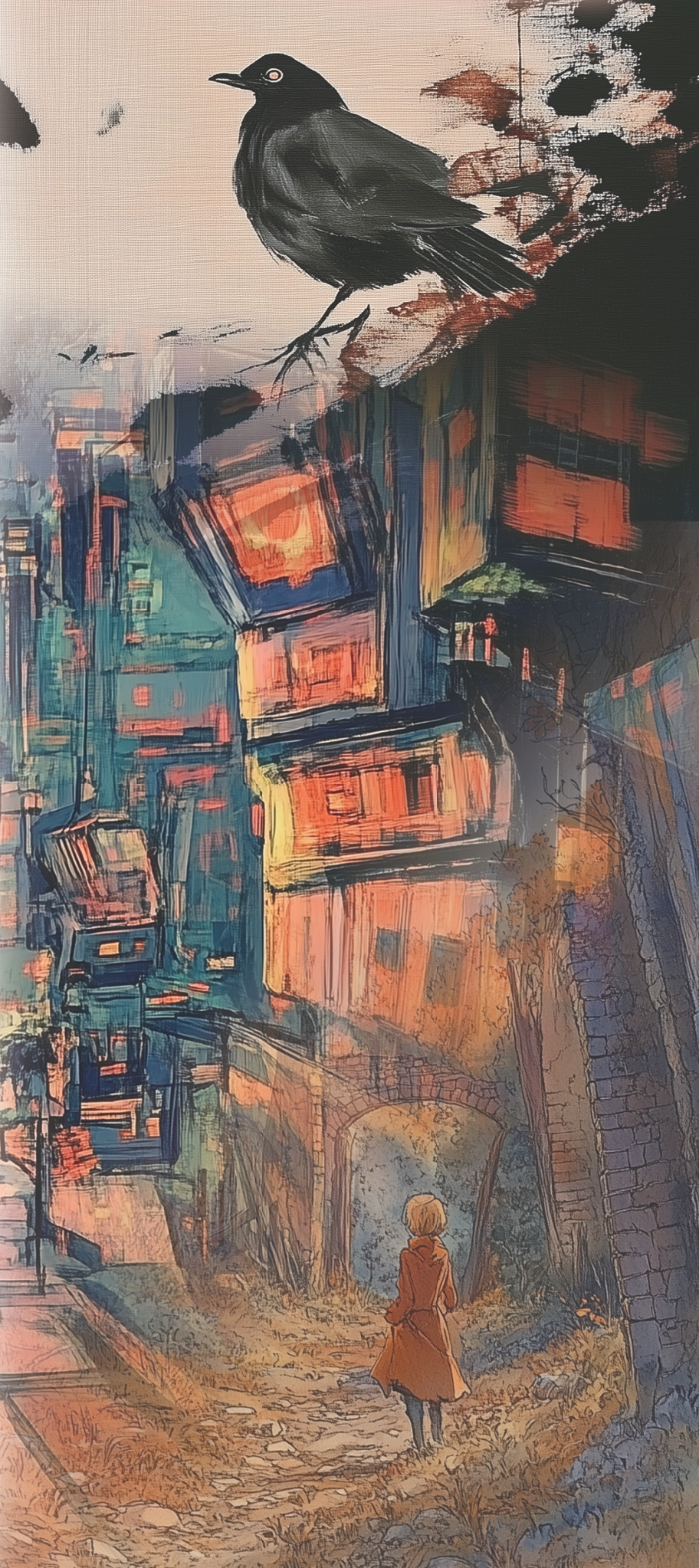 Original base-game cover artwork: a crow above a painted city street