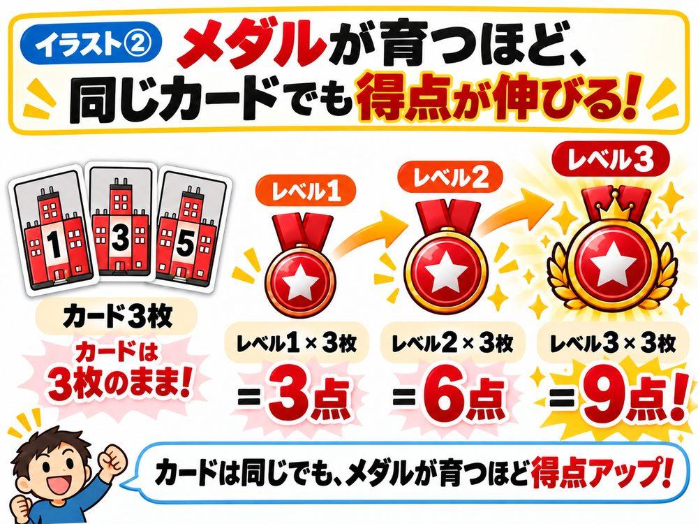 メダルが育つほど得点が伸びる説明