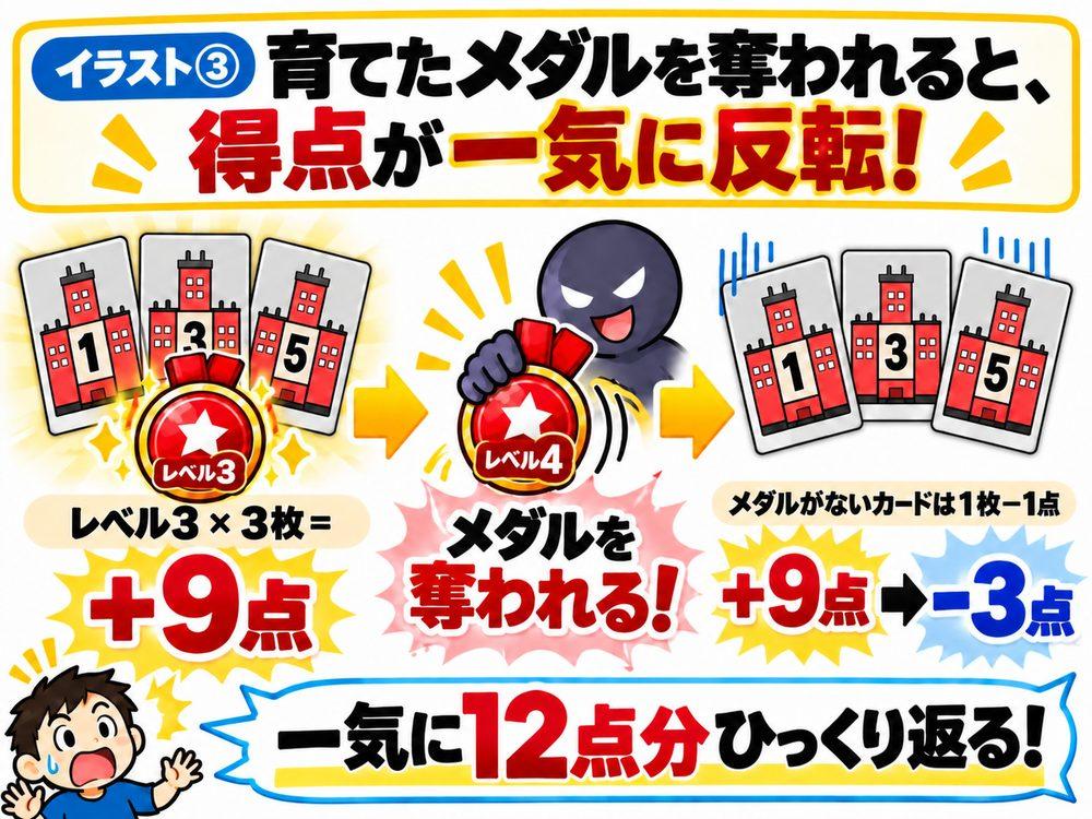 育てたメダルを奪われると得点が反転する説明